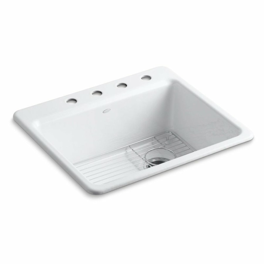 Home Goods * | Best Reviews Of Kohler Riverby 25 X 22 X 9-5/8 Top-Mount Single-Bowl Kitchen Sink With Bottom Sink Rack White (K-5872-4A1-0)