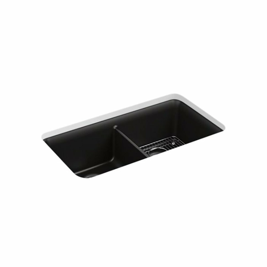 Home Goods * | Brand New Kohler Cairn 33-1/2 X 18-5/16 X 10-1/8 Neoroc Undermount Double-Equal Kitchen Sink With Rack Matte Black (K-8199-Cm1)